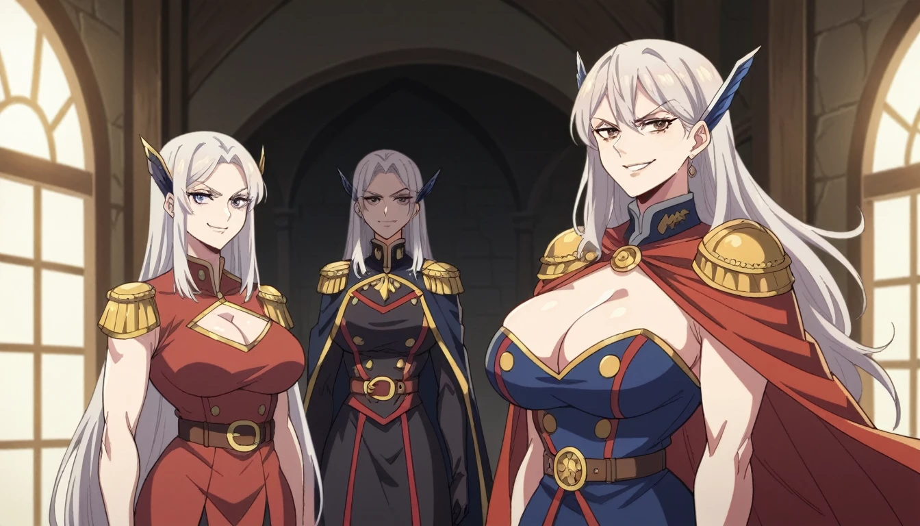 best quality, masterpiece, ultra-detailed, high quality, highres, Front view, closeup, 2 beautiful girls, leaning at front, smirk, cut out cape adventurer dress, mature, long hair, attitude look, large breasts, cleavage, curvy body, dungeon in background, sword at waist