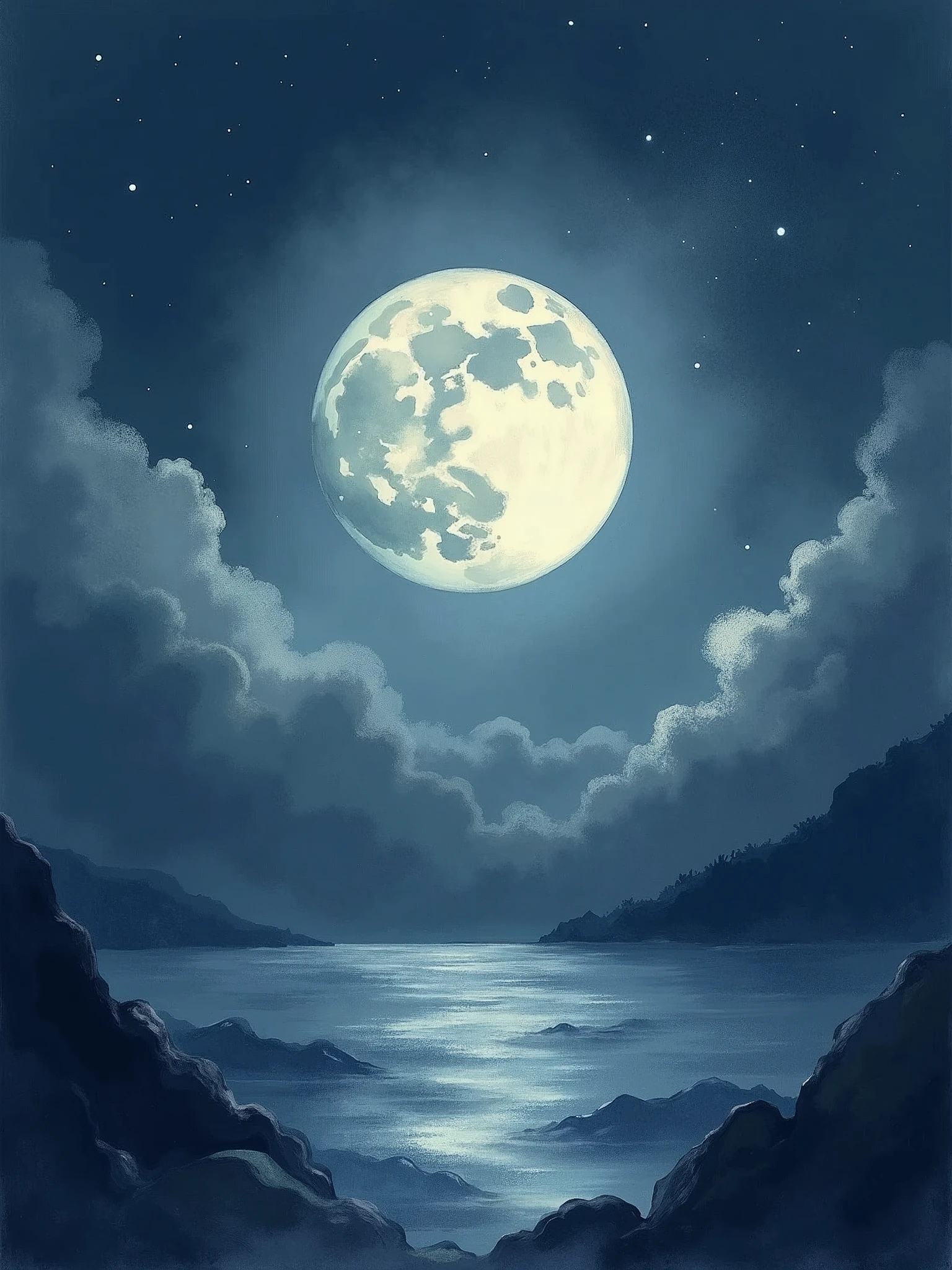 A full moon on the darkest day water colors mobile wallpaper style.