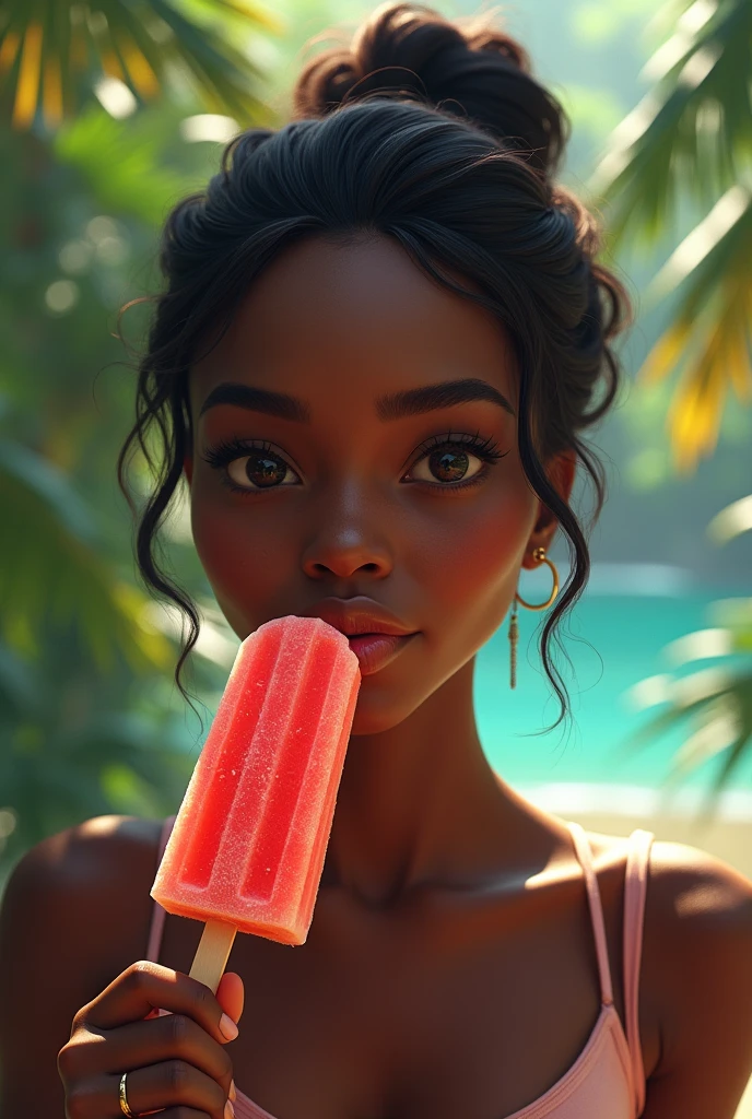 An image of a popsicle with a beautiful landscape and a black Brazilian woman tasting it
