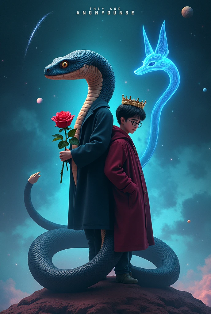 The picture should include Severus the python with a red rose in his hand, standing with his back to him, Harry Potter's -yeld seleaning back to back, in glasses with a crown on his head. In the background is a blue glowing fox similar to patron charms, outer space, shooting stars, smaller planets and the two characters should stand on the same planet. The inscription THEY ARE ANONYMOUS should appear at the top of the image.