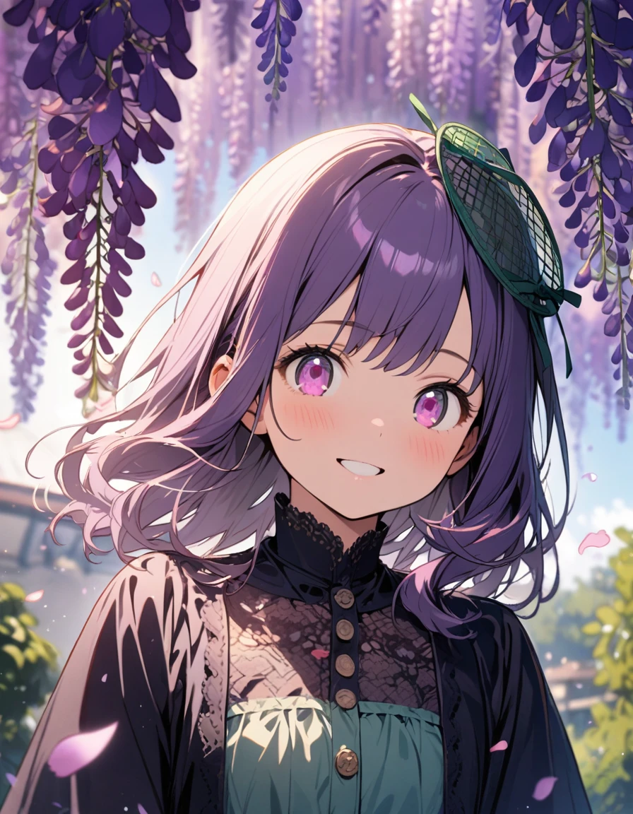 1 girl,solo,,(Hanging from the wisteria trellis),amazing quality, aesthetic, aesthetic,ultra-detailed face,detailed eyes,round eyes, tareme,pink eyes,BREAK,Green fascinator,Purple wisteria pattern Green Loliashion,BREAK,Purple Hair,drill hair,depth of field,wisteria tree ,blue sky,(petals:1.3),masterpiece,8K,top quality, highly detailed illustration,smile,rim light