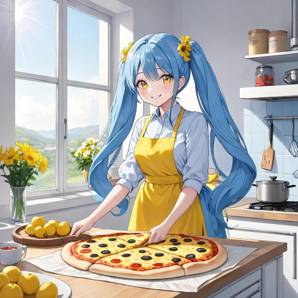 Light blue long hair、Beautiful girl with twin tails、She is making a big pizza in a yellow apron.、Bright smile、Bright, sunny kitchen、There are lots of margaret flowers on the windowsill.、