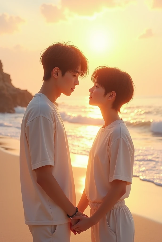 Generate the image of BTS's Jungkook and Jimin on a beach holding hands