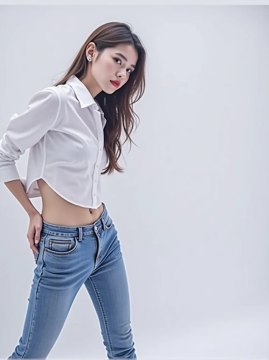 ((Highest quality, 8k, masterpiece :1.3)), Sharp focus :1.2, Beautiful woman with perfect figure :1.4, 1 person,Slim Abs :1.2, ((Dark brown hair,chest :1.2)), (White Long Formal Shirt)(Unbutton your shirt.), Gray background:1.2, Highly detailed face and skin texture, fine grain, double eyelid,Beautiful Hands,Five Fingers,Fashion model posing,Full body portrait,Cowboy Shot,jeans,Cast a Shadow,