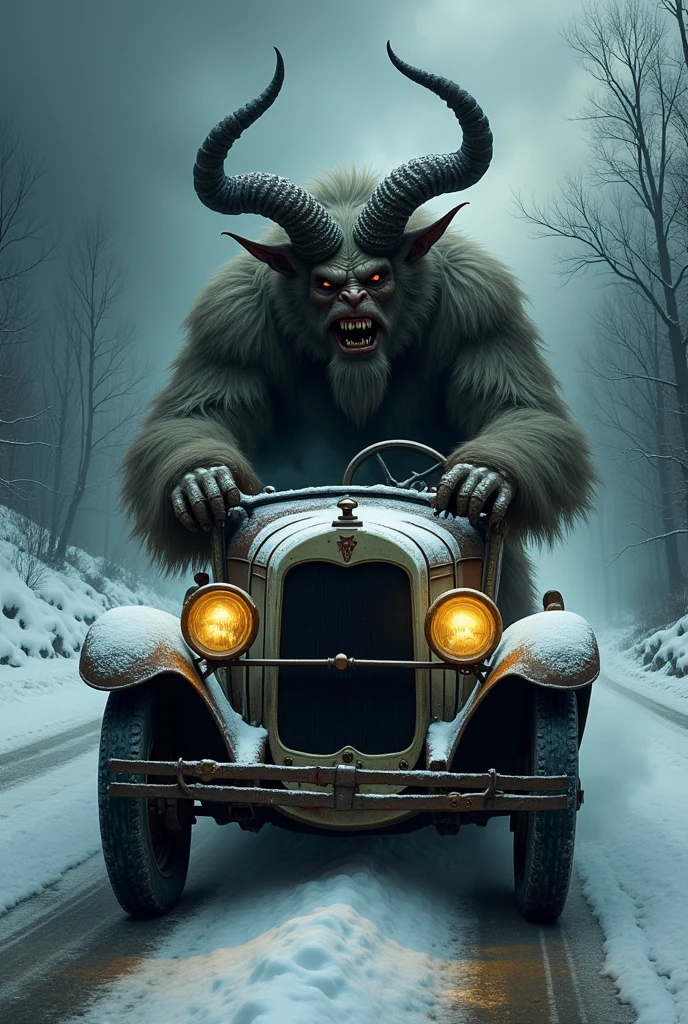 the krampus monster driving old car
