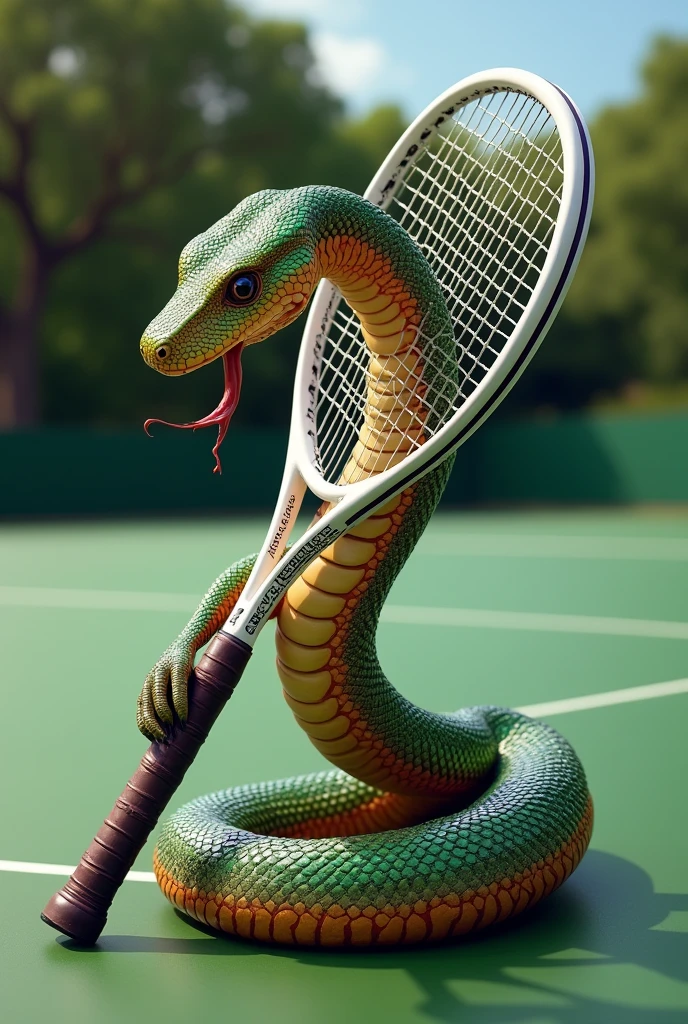 Un serpent qui tient une raquette de tennis