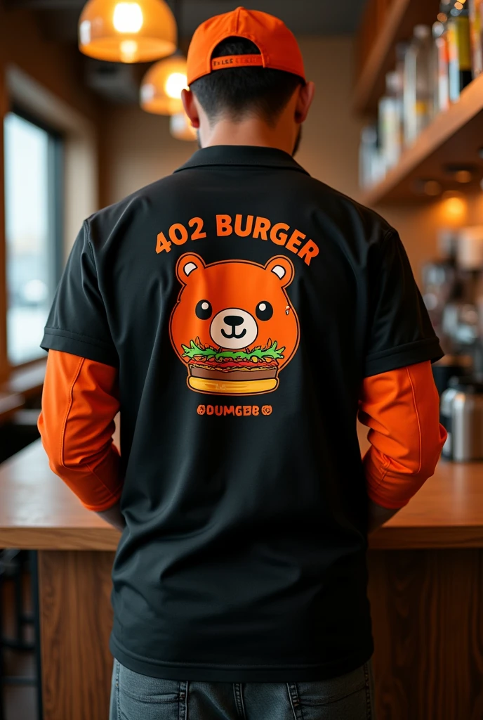 Design a disruptive urban creative uniform for my burger restaurant called 402 BURGER in black and orange, with the head of an animated bear enjoying the happy burger printed on the back of the shirt enjoying a happy burger and on the front our logo 402 BURGER