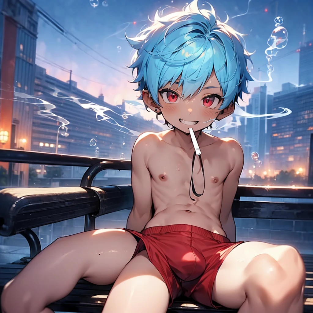 (solo:2), (boldline:-1.8), (smoking:1.6), (((bubble))), (finger around mouth:1.3), (sitting on bench:1.5), (:1.5), (((fang))), (((best finger))), (((best hands))), (((best arms))), (((best legs))),  BREAK (best quality:1.5), (absolutely resolution:1.5), (ultra detailed:1.5), (masterpiece:1.5), (perfect face), (detailed face), (detailed eyes), (best eyes), (cute face), (shota:2), B(topless:1.5), BRd short pants:1.5), (bulge:1.6), (skinny:1.3), (spiked hair), BREAK (light blue hair:1.5), (wine red eyes:1.4), (eyes with highlight:1.6), ((mole under eye)), (sweaty skin), (light skin), (grin:1.5), ((earrings)), (shiny skin:1.3), BREAK (garden), (building:1.5), (at twilight:1.5), ((wind blowing)), ((nipple)), (abs), (groin