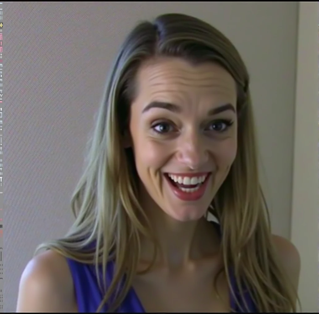 A woman with her eyebrows raised making a trollface, wearing a blue dress, long blonde hair, perfect teeth, trollface,