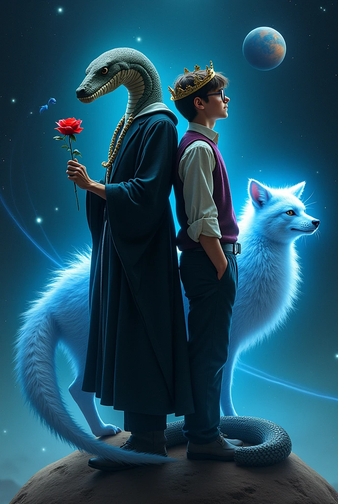 The picture should include Severus the python with a red rose in his hand, standing with his back to him, Harry Potter's 17-year-old self leaning back to back, in glasses with a crown on his head. In the background is a blue glowing fox similar to patron charms, outer space, shooting stars, smaller planets and the two characters should stand on the same planet. The inscription THEY ARE ANONYMOUS should appear at the top of the image.