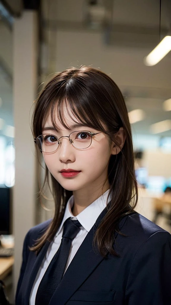 (8K、Raw photography、top-quality、masterpiece:1.2)、(realisitic、Photorealsitic:1.37)、ultra-detailliert、超A high resolution、1人、see the beholder、beautifull detailed face、A smile、Constriction、(Slim waist) :1.3)、length hair、Beautiful detailed skin、Skin Texture、Floating hair、Wearing a suit、Professional Lighting、Inside the office、Square glasses with black edging 、Whole human body、Brown hair