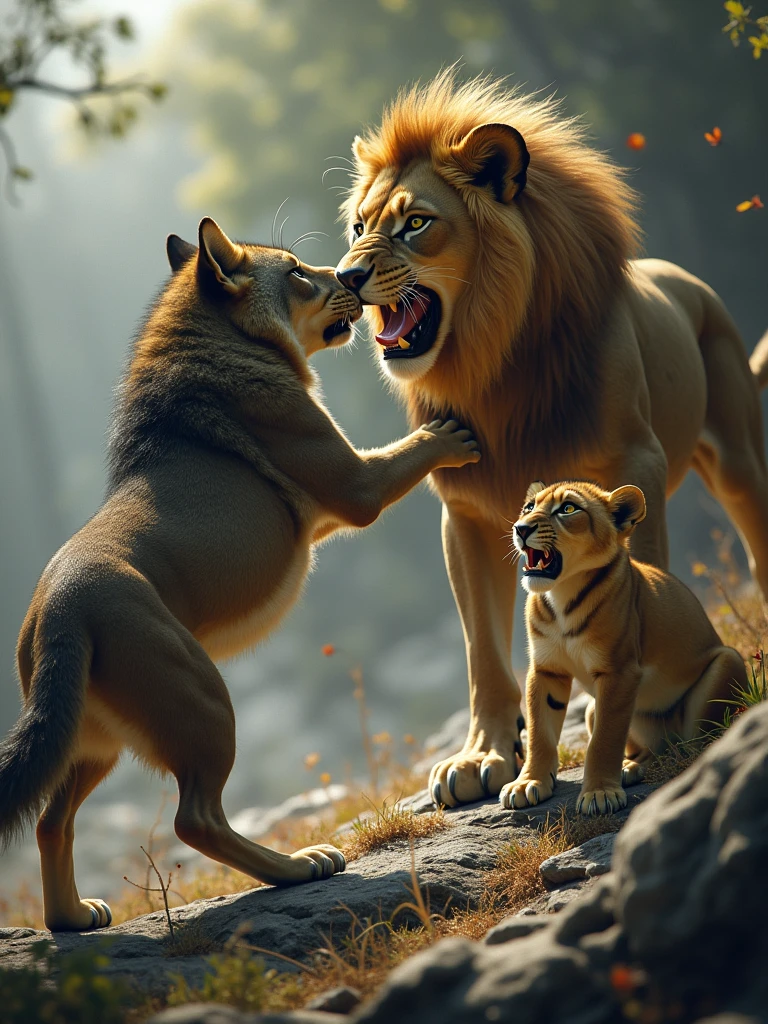 a wolf attacking a lion cub and the lioness is trying to defend it from the wolf.