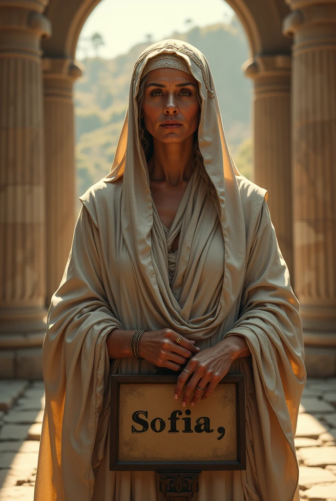 Image of a wise woman from Greece with the words on a sign "Sofia"
