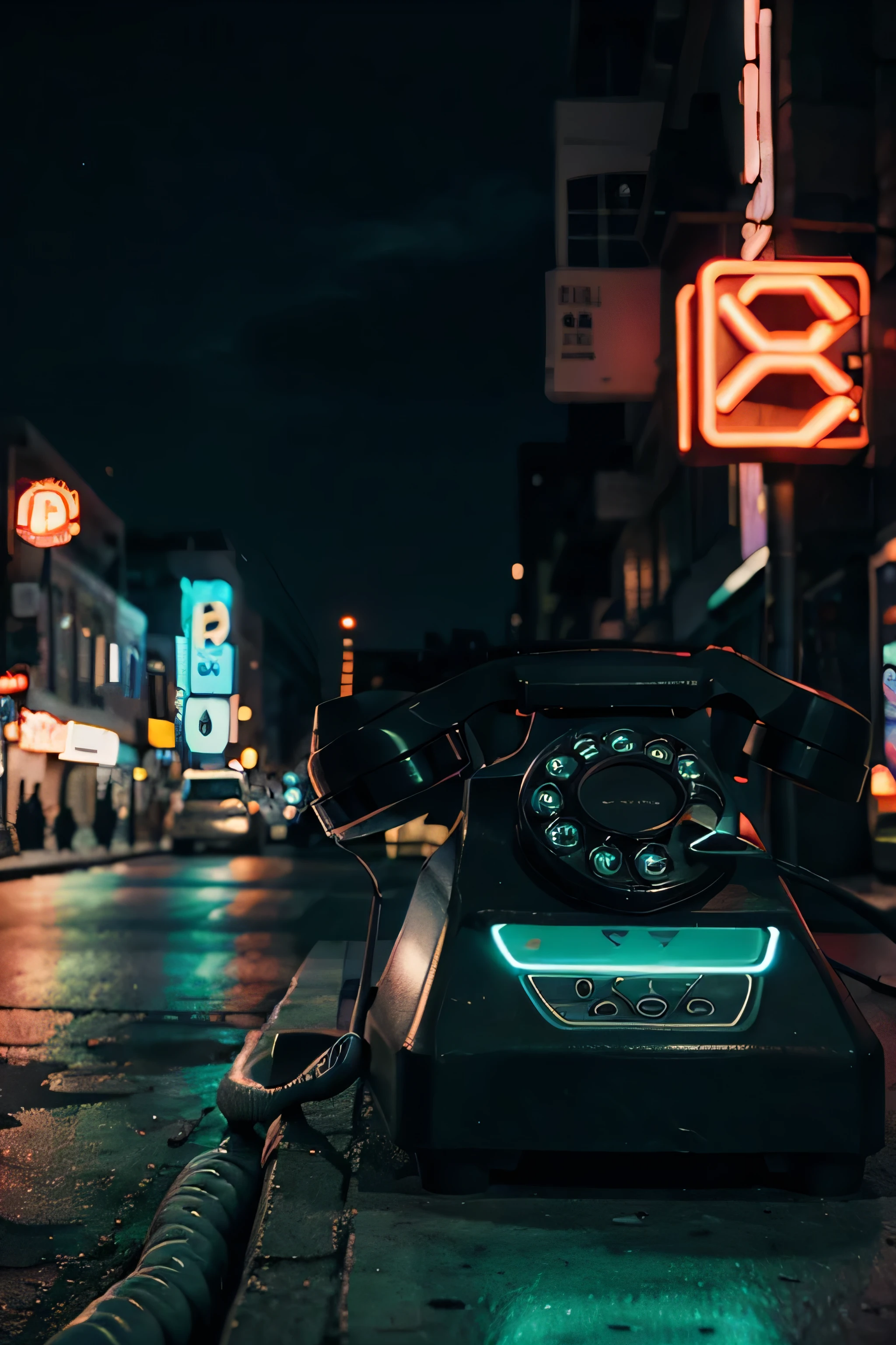 neon city with old telephone
