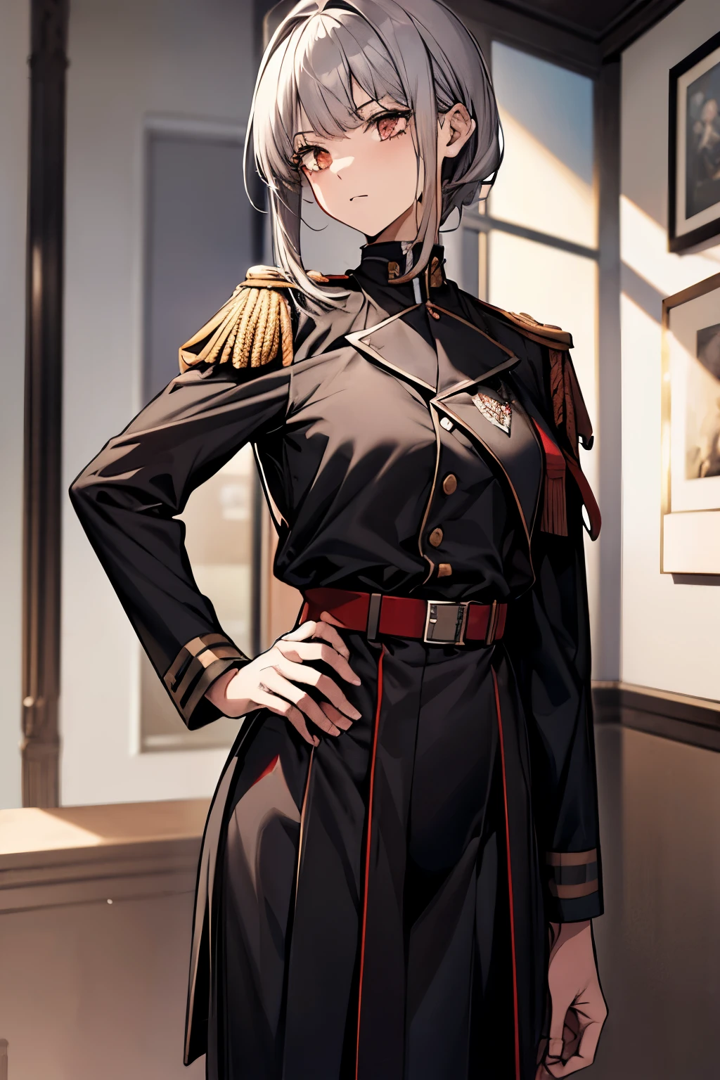 Grey Hair　Red inner color　170cm British　girl in uniform　Cool　Highest quality　masterpiece　High resolution　Handsome Girls　Great style　Beautiful Short Hair　Shoulder-length hair　cool