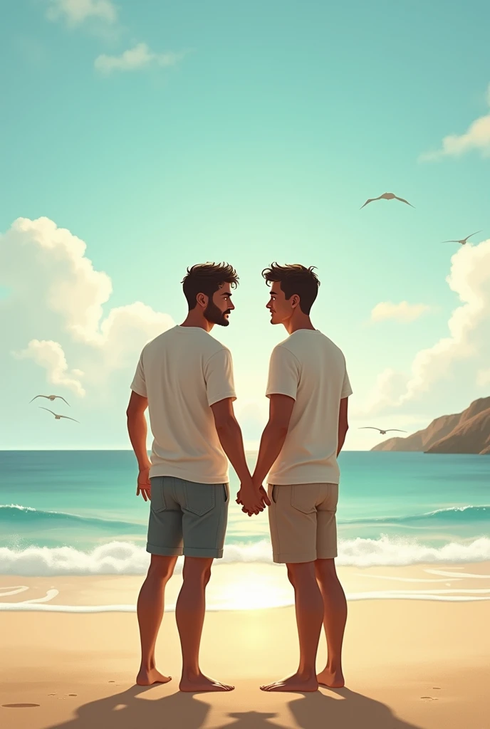 Gay couple back to back on a beach holding hands