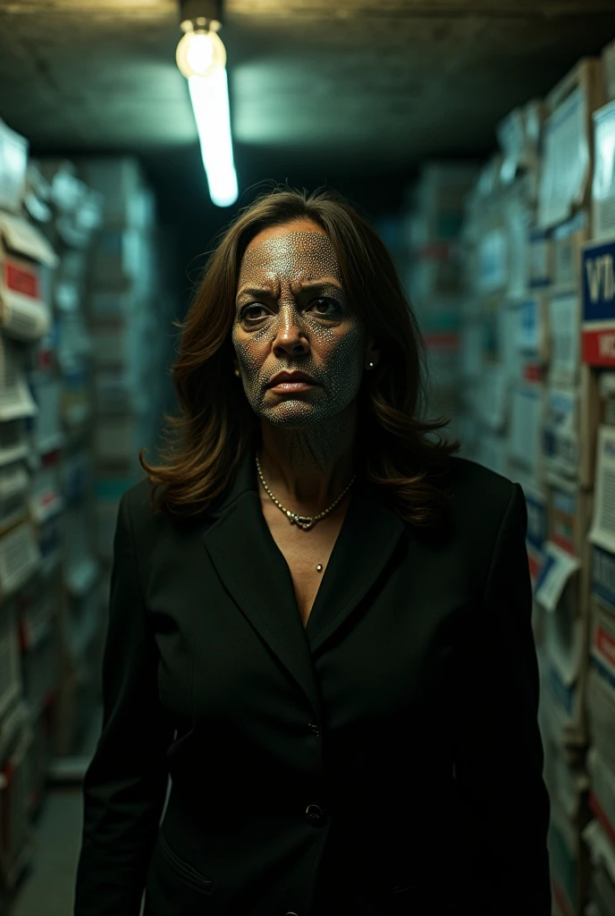 Hyper-realistic portrayal of Kamala Harris in a dimly lit, cluttered basement. Her face has scales that are iridescent like a chameleon, Tense expression, beads of sweat visible. Stacks of newspapers and campaign posters surround her. Harsh shadows cast by a single bare bulb. Faint sounds of reporters' voices echo from above.