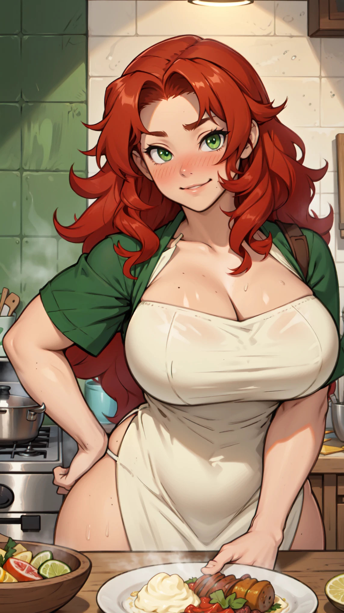 girl redhead green eyes wavy hair curly hair voluminous hair joyful kitchen massive breasts thick blush