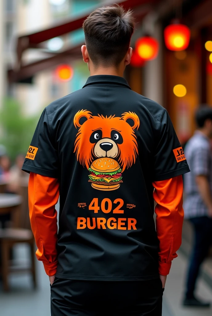 Design a creative urban uniform for my burger restaurant called 402 BURGER in black and orange color, with the head of a bear enjoying the happy burger printed on the back of the shirt enjoying a happy burger and on the front our logo 402 BURGER