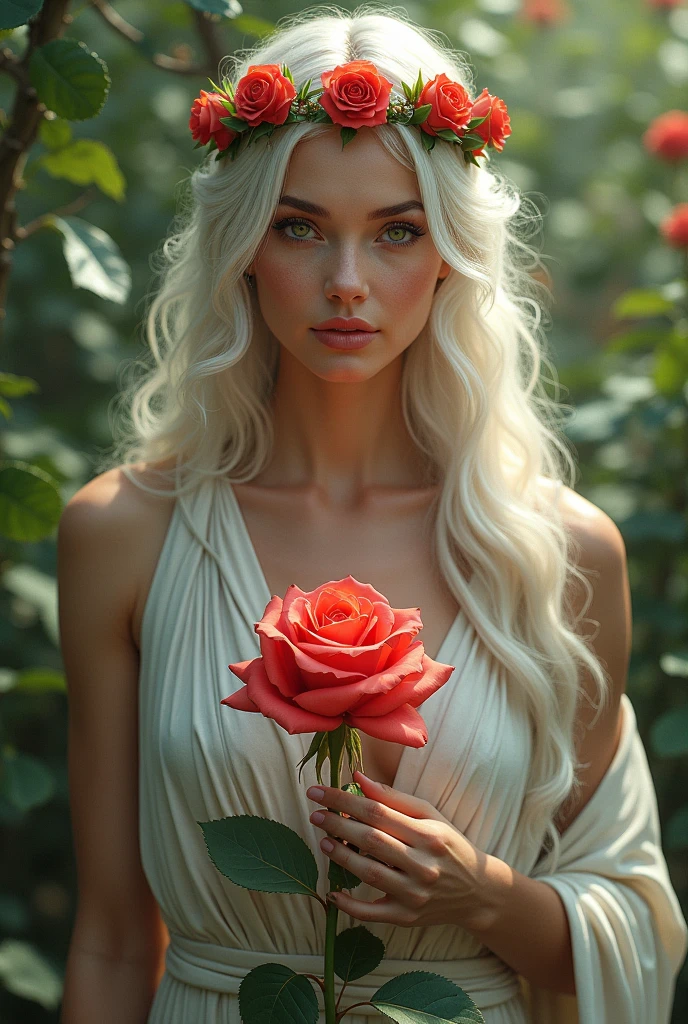 A woman with long white hair, two color eyes (green and brown), she wears a greek goddess style outfit, wears a crown of roses. She has powers and is creating a rose from the ground. She's ols