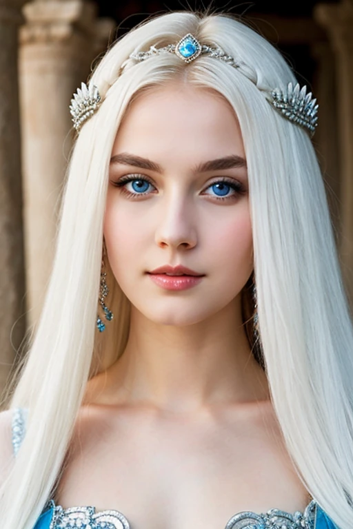 Princess of ancient times, with medium white hair, clear blue eyes, very white skin. (rpg character)