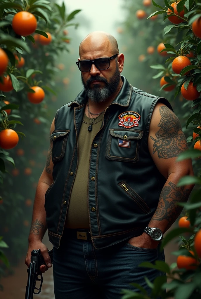 Pablo Escobar bald with beard, face tattoo, black framed glasses motorcycle club vest holding gun tangerine plantation