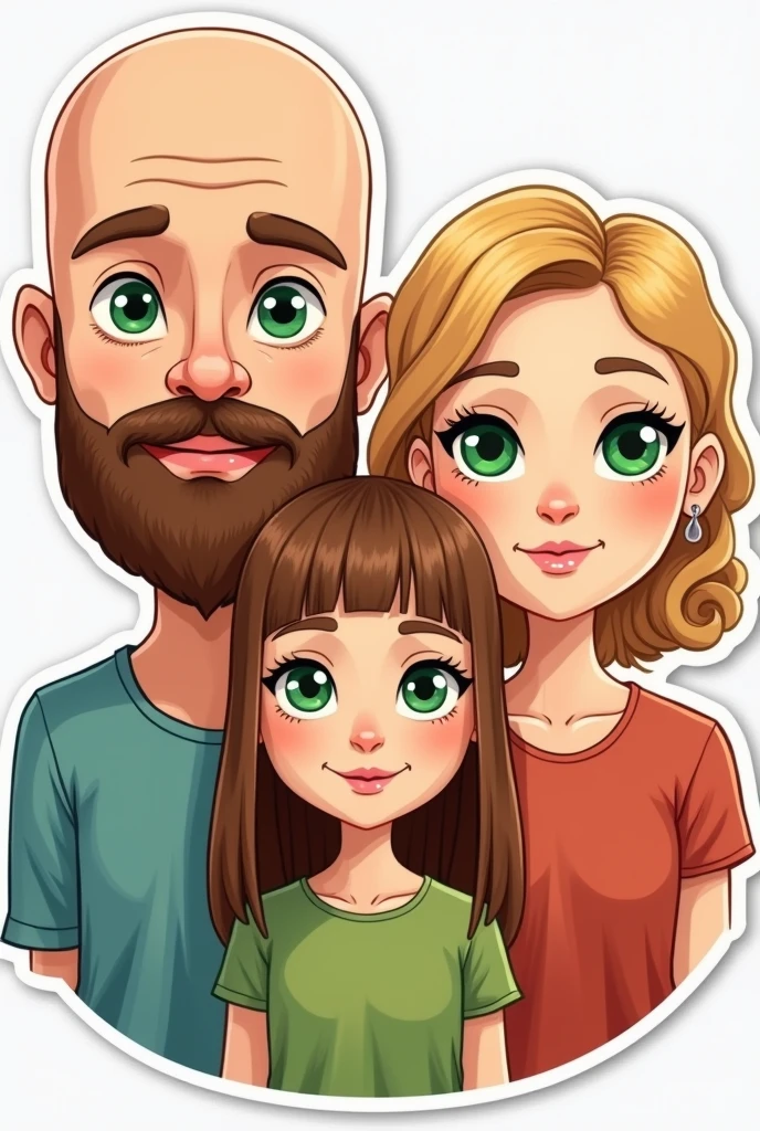 A family, A white man, Cao Cao, almost bald, brown beard, greeneyes, next to a white woman de greeneyes com o cabelo castanho-acobreado, straight and without bangs parted in the middle, next to a white woman, greeneyes, curly and blonde hair, illustration style, sticker
