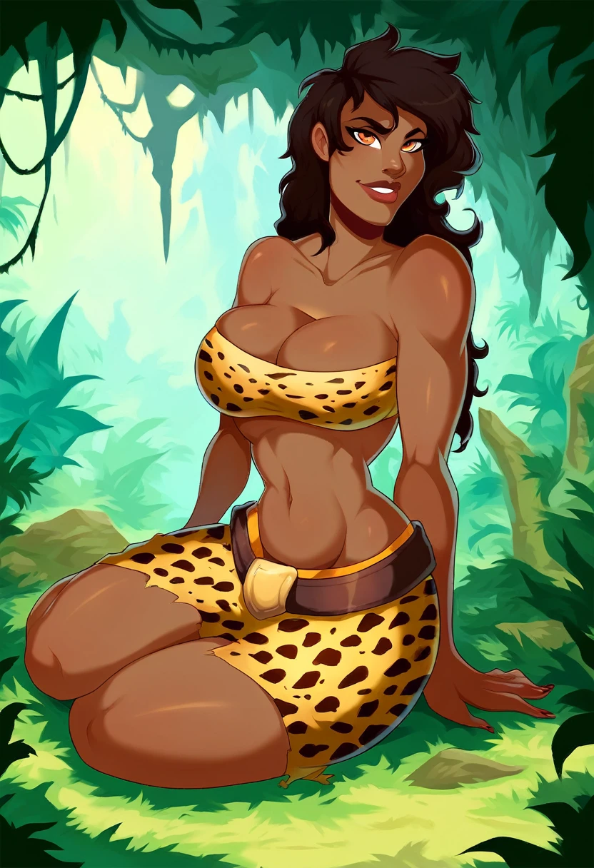 score_9, score_8_up, score_7_up, BREAK 1girl, solo,  courtneytd, dark skin, cheetah print, bandeau, skirt, caveman, on ground, sitting, jungle, cave, cleavage, torn clothes, looking at viewer,