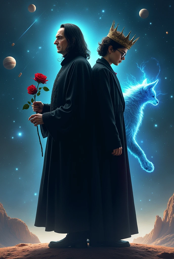 Severus Snape, head of the Slytherin house, should be in the picture, standing with his back to him with a red rose in his hand, Harry Potter&#39;s 17-year-old self leaning back to back, in glasses with a crown on his head. In the background is a blue glowing fox similar to patron charms, outer space, shooting stars, smaller planets and the two characters should stand on the same planet. The inscription THEY ARE ANONYMOUS should appear at the top of the image.