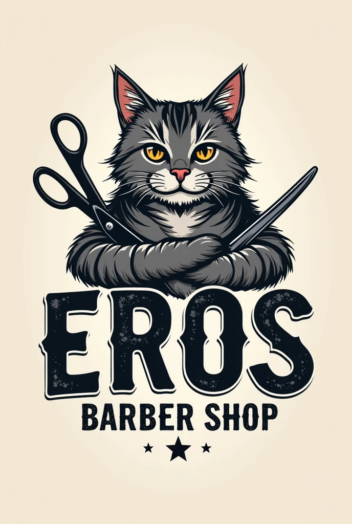 Logo for a barbershop that says Eros barber shop with urban style letters that has a gray tabby cat with hair cutting scissors and beard razors