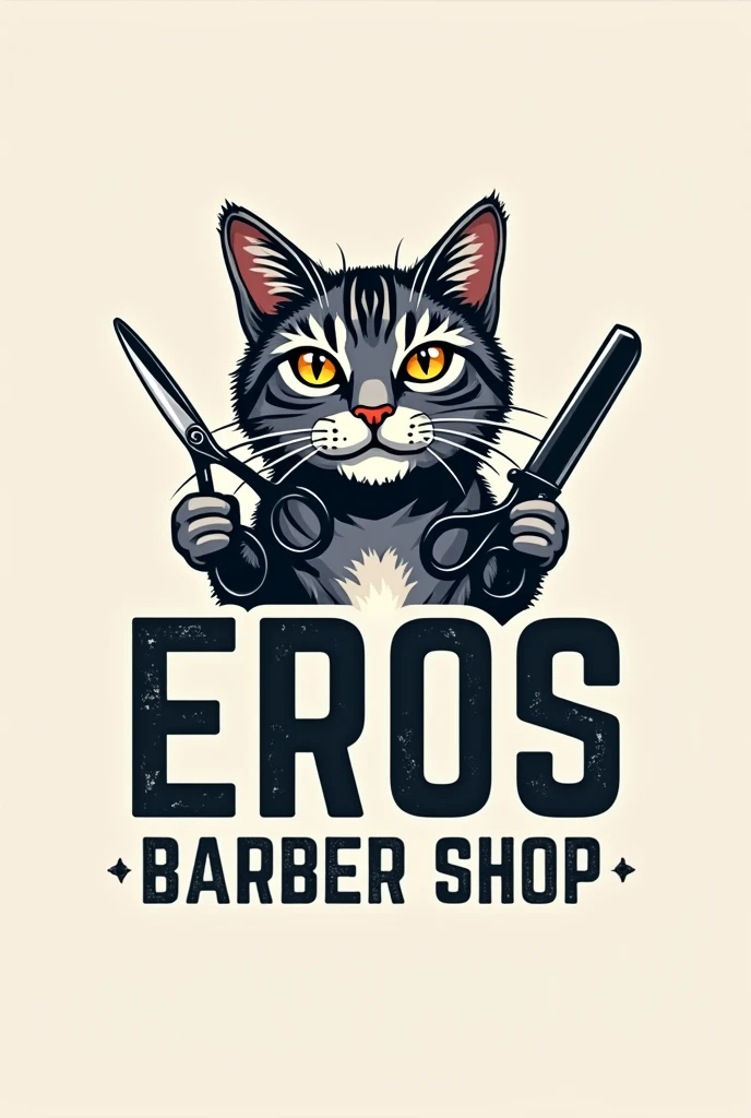 Logo for a barbershop that says Eros barber shop with urban style letters that has a gray tabby cat with hair cutting scissors and beard razors