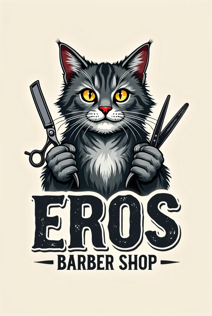 Logo for a barbershop that says Eros barber shop with urban style letters that has a gray tabby cat with hair cutting scissors and beard razors