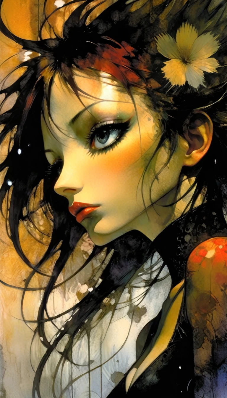 masterpiece, illustration, anime, 1girl, sexy, floral, cloud, bird, flow, hair over eyes, hair over one eye, (((ultra detailed))), softcore, kawaii, eroticism, sexy, black and white image, between shadows, oil painting, chiaroscuro, sensual, dramatic lighting, moody atmosphere, photorealistic, intricate details, masterpiece, ultra-detailed, high quality, 8k, best quality, realistic, cinematic, dark and brooding, expressionistic, powerful composition, emotional impact, art inspired by Bill Sienkiewicz and Dave Mckean