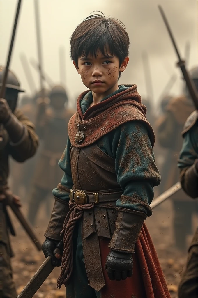 Young boy with short black hair in a medieval costume covered in mud in the middle of a battle with a sword in his hand 