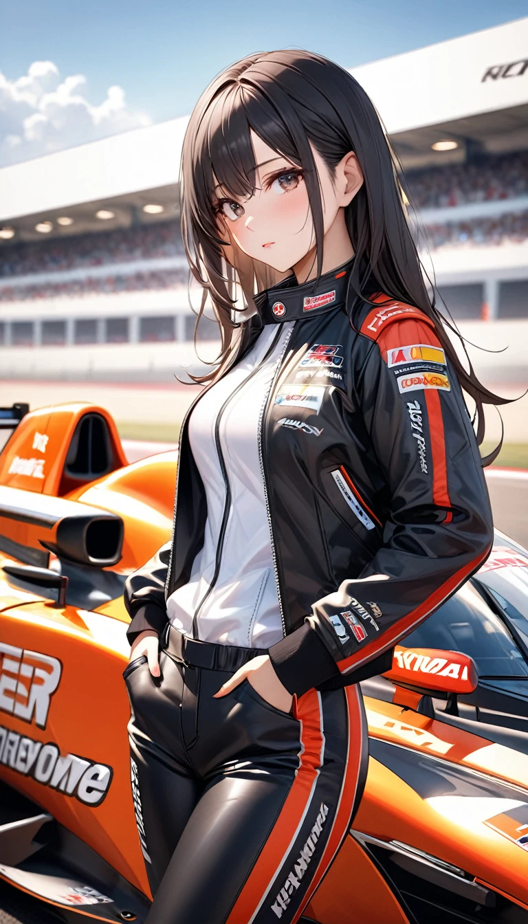 Beautiful female racing driver wearing black leather jacket.Domineering temperament,Full of confidence and dignity.Cold and indifferent expression,Exuding an aura of inviolability。standing next to racing car.Demonstrate outstanding leadership skills。perfect composition.best quality、High resolution、、sharpest focus、Hyper-realistic photos、Super accurate photos、Depth of Field、perfect ???????,and texture details、Bright and fresh filter light and shadow、Scenery background、dream