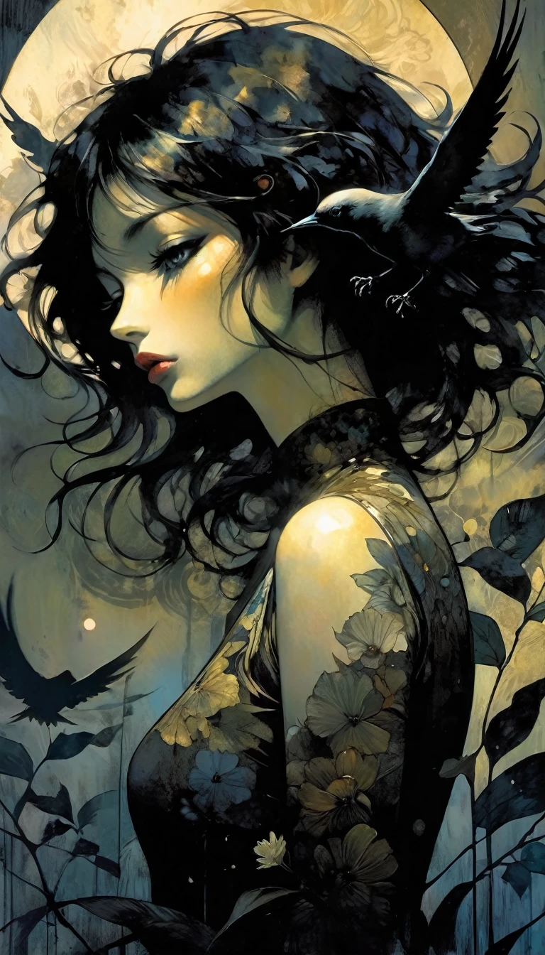 masterpiece, illustration, anime, 1girl, sexy, floral, cloud, bird, flow, hair over eyes, hair over one eye, (((ultra detailed))), softcore, kawaii, eroticism, sexy, black and white image, between shadows, oil painting, chiaroscuro, sensual, dramatic lighting, moody atmosphere, photorealistic, intricate details, masterpiece, ultra-detailed, high quality, 8k, best quality, realistic, cinematic, dark and brooding, expressionistic, powerful composition, emotional impact, art inspired by Bill Sienkiewicz and Dave Mckean