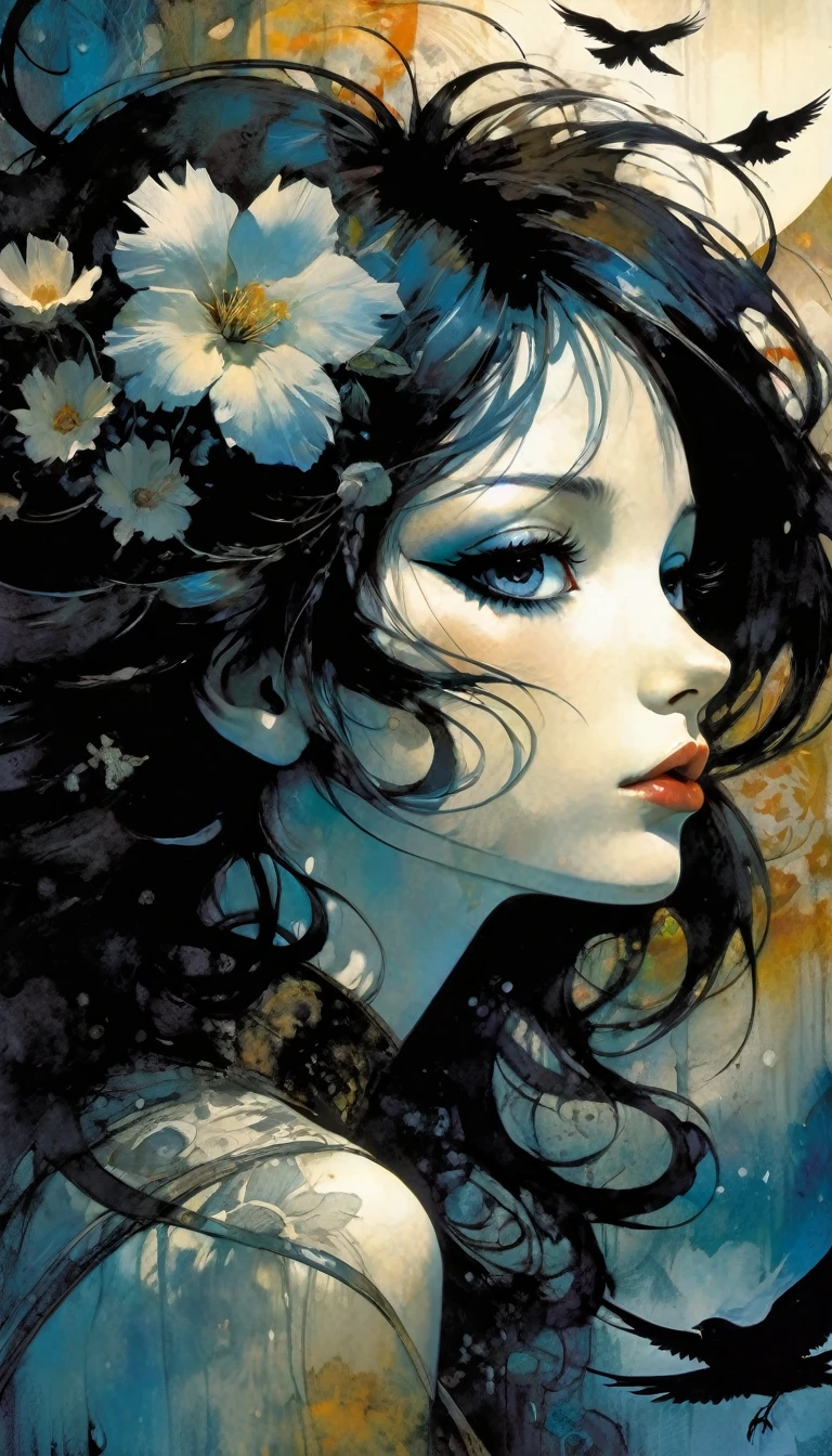 masterpiece, illustration, anime, 1girl, sexy, floral, cloud, bird, flow, hair over eyes, hair over one eye, (((ultra detailed))), softcore, kawaii, eroticism, sexy, black and white image, between shadows, oil painting, chiaroscuro, sensual, dramatic lighting, moody atmosphere, photorealistic, intricate details, masterpiece, ultra-detailed, high quality, 8k, best quality, realistic, cinematic, dark and brooding, expressionistic, powerful composition, emotional impact, art inspired by Bill Sienkiewicz and Dave Mckean