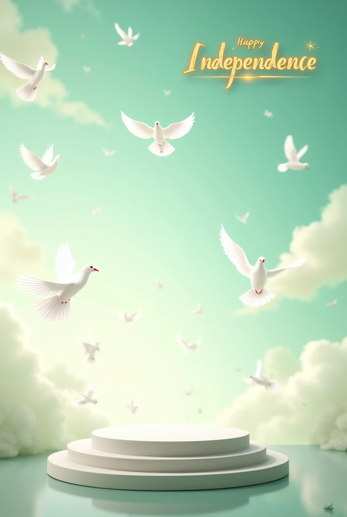 White and green color background with doves in sky And a stage at centre in silver color .. write happy independence in Urdu language at the upper right corner of picture with sparkly golden color