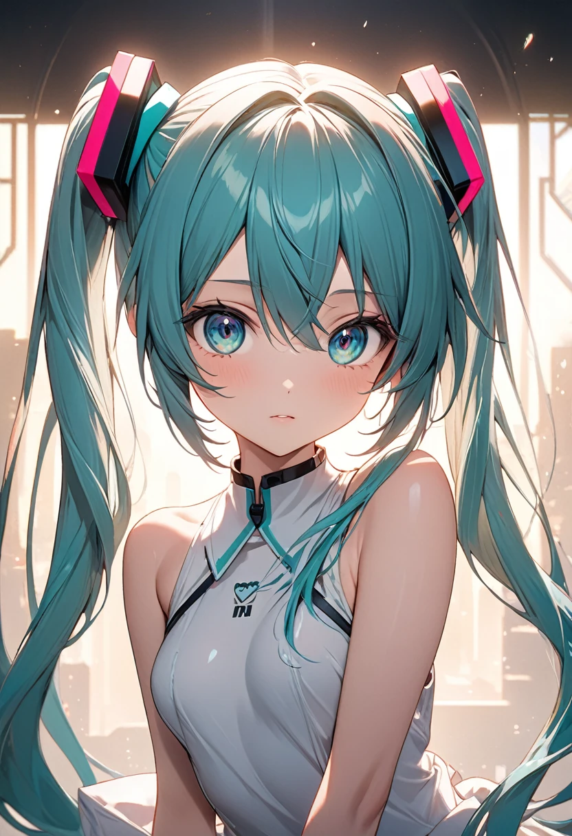 Hatsune Miku,Twin tails、No sleeve  (small breast:1.2), BREAK looking at viewer, BREAK outside, BREAK (masterpiece:1.2), best quality, high resolution, unity 8k wallpaper, (illustration:0.8), (beautiful detailed eyes:1.6), extremely detailed face, perfect lighting, extremely detailed CG, (perfect hands, perfect anatomy),