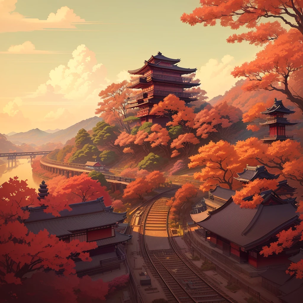 The photo was taken from the railway tracks with a pagoda in the background, decorations, japanese art style, background art, landscape art in detail, 4k detailed art, anime background art, High quality detailed 8K graphics, anime landscape, anime nature wallpap, Highly detailed 4K graphics, detailed digital drawing, amazing art style, beautiful detailed pixel graphics, anime nature