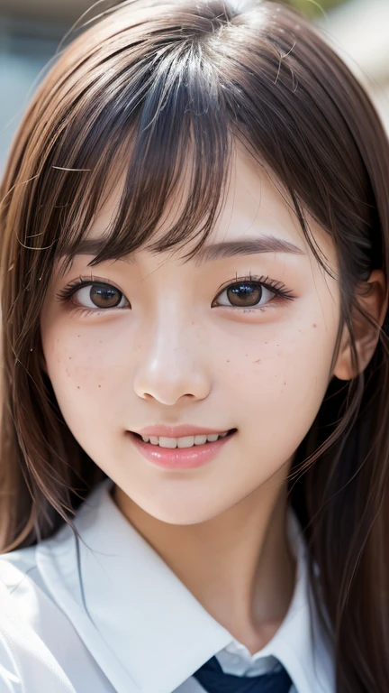 With the alleys of Kyoto in the background、18 year old girl、independent、Look forward、Light eye makeup、Brown Hair Color、flat 、hair blowing in the wind、quality of actress、Shiny, Ultra-realistic faces、smileの表情、Watery eyes、look up、Calming lighting effects、 Ultra-Realistic Capture、Very detailed、High resolution 16K human skin close-up。Skin texture must be natural、Must be so detailed that pores are visible、skin is healthy、Must be an even tone、Use natural light and color、High quality photos taken by a modeling agency&#39;Exclusive photographer、smile