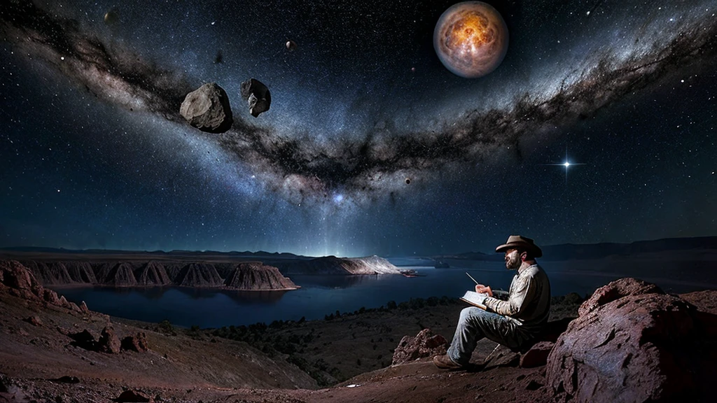 Desenhe um jovem programador, sitting on a research platform floating in the middle of an asteroid belt. He is studying with a notebook, surrounded by several asteroids glowing with fiery auras. Dramatic lighting from distant stars and planets illuminates the scene, casting deep shadows on the costume. O jovem parece confiante e determinado, looking at the vast and mysterious universe with awe and respect,facial hair, cowboy shot,