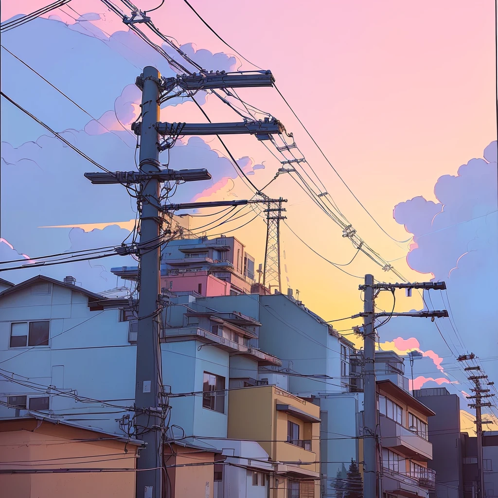 illustration of a street with energy lines and telephone poles, Lori Grisley, energy lines, energy lines, in style of Lori Grisley, Kilian Eng, inspired by Josan González,  Грисли and james jean, anime background art, so many wires, wires, wires everywhere, anime style cityscape, by Kose Kanaoka