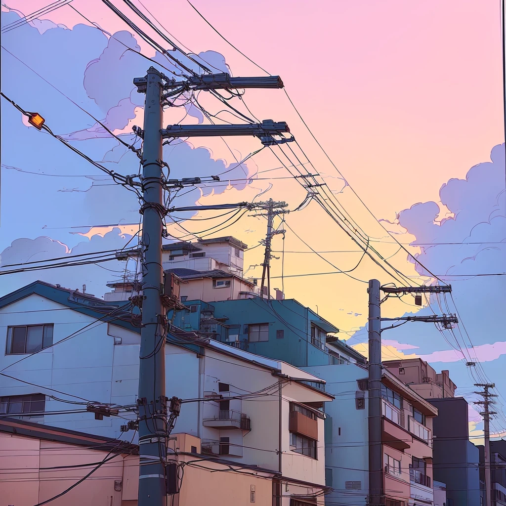 illustration of a street with energy lines and telephone poles, Lori Grisley, energy lines, energy lines, in style of Lori Grisley, Kilian Eng, inspired by Josan González, Грисли and james jean, anime background art, so many wires, wires, wires everywhere, anime style cityscape, by Kose Kanaoka