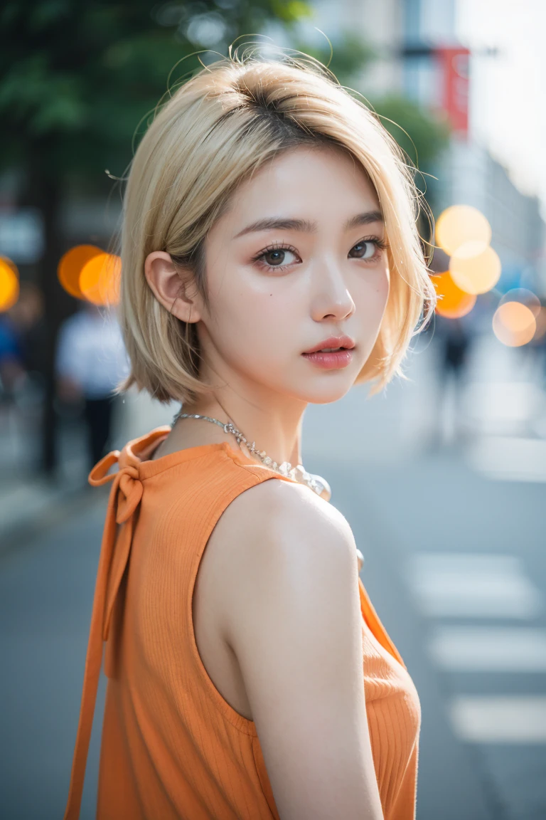 Curly Bob Hairstyle, Platinum blonde haired woman in orange collared shirt posing for photo in the city, 8K Artgerm bokeh, Well-proportioned body, 美丽的Korean woman, Gorgeous necklace, 美丽的年轻Korean woman, Soft portrait shots 8 k, Korean Girl, Narrow eyes, Beautiful grey eyes, Chen 8K, Cute young woman, Korean woman, Beautiful blond girl