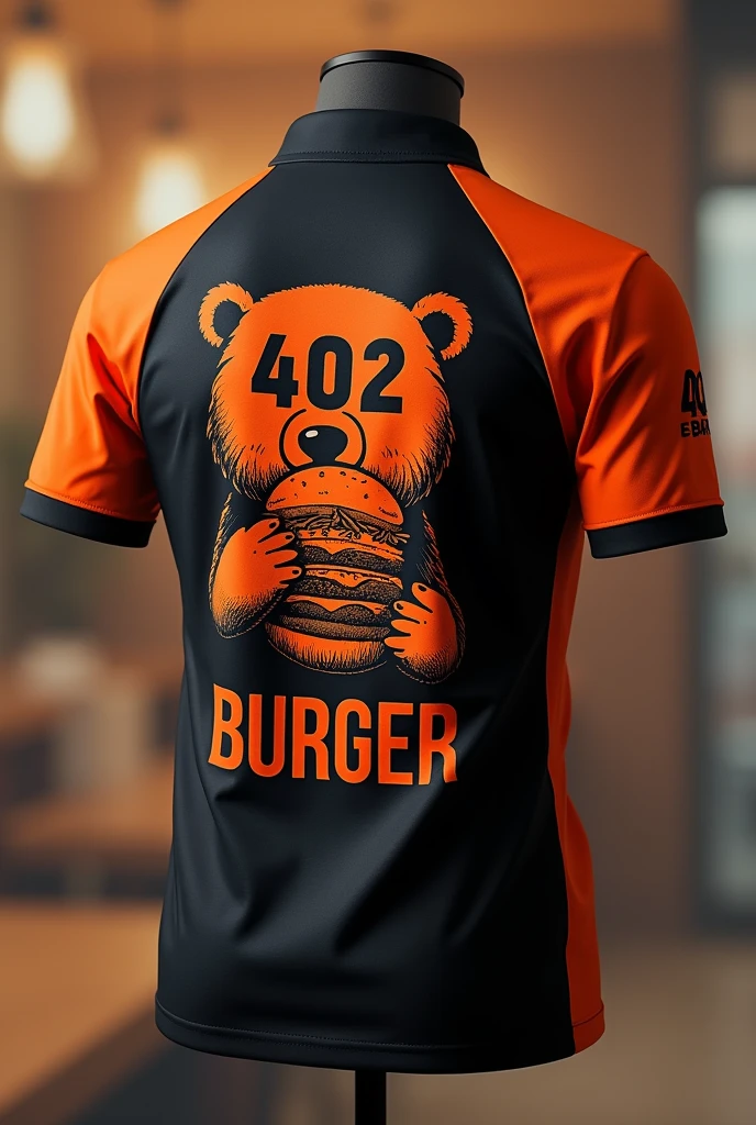 Design a creative urban uniform for my burger restaurant called 402 BURGER in black and orange color, with the head of a happy bear enjoying the happy burger printed on the back of the shirt enjoying a happy burger and on the front our logo 402 BURGER