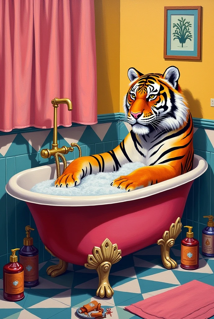 Tiger having a bath in a bathtube in the bathroom bright colours Pink yellow oil handy painting style creative