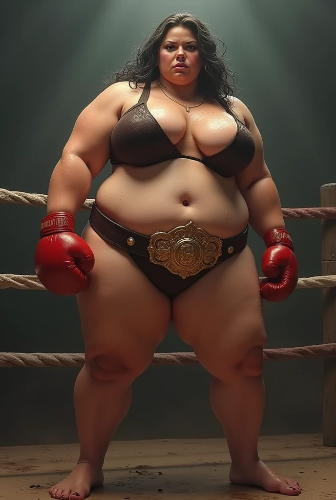 araffe woman in a bikini posing in a boxing ring, a digital rendering by Daryush Shokof, shutterstock, figuration libre, insanely inflated hips, very sweaty, sumo wrestler, in a boxing ring, sfw huge breasts, with a large breasts, thicc, covered sfw huge breasts, big breasts!!, big belt