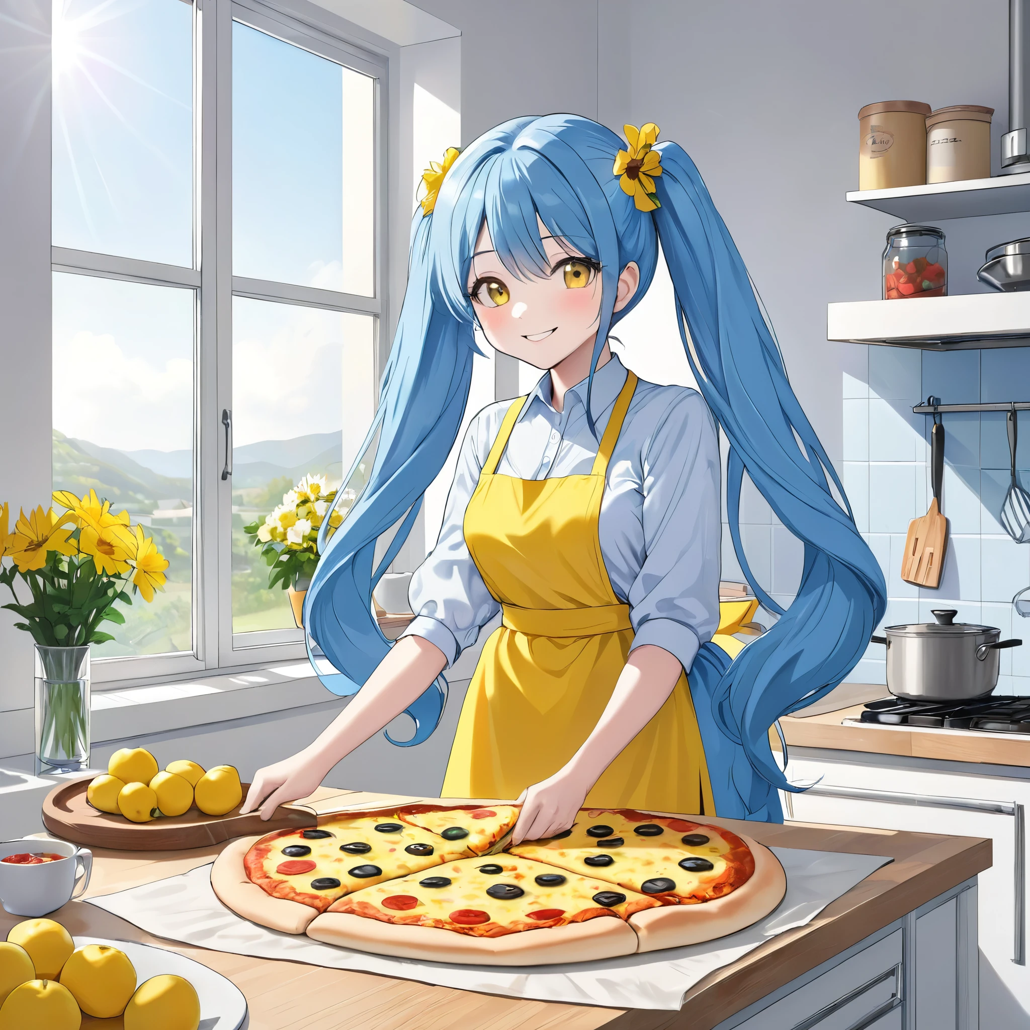 Light blue long hair、Beautiful girl with twin tails、She is making a big pizza in a yellow apron.、Bright smile、Bright, sunny kitchen、There are lots of margaret flowers on the windowsill.、