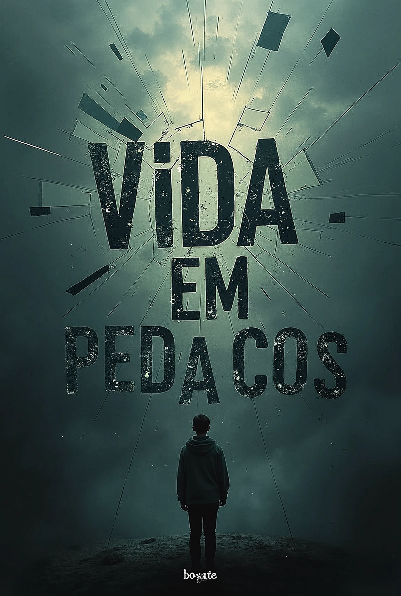 Design a haunting and emotional album cover for the song 'VIDA EM PEDACOS,' capturing the essence of a life in turmoil through fragmented and shattered imagery. The scene should depict a broken, darkened sky with shards of glass or mirrors suspended in mid-air, reflecting a chaotic and fragmented world. Each shard should contain a glimpse of distant memories, distorted reflections, or faint lights, symbolizing the fractured state of the mind and soul. The sky should be painted in deep shades of gray, blue, and black, evoking a sense of melancholy and despair. The overall atmosphere should feel heavy and oppressive, yet with subtle hints of light that represent the possibility of finding strength in the darkness. The title 'VIDA EM PEDACOS' should be written in a distressed, textured font, integrated into the shattered imagery as if the words themselves are breaking apart.